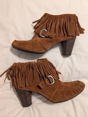 Born Thora Saddle Brown Suede Fringe Ankle Boots Size 10 New Without The Box